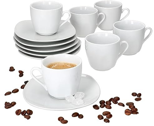MamboCat Lotta - Tazzine da caffè con piattini per 6 persone, set in porcellana bianca per colazione e caffè, 6 tazze piccole da 80 ml e piattini, stoviglie eleganti per casa, gastro, hotel, ecc