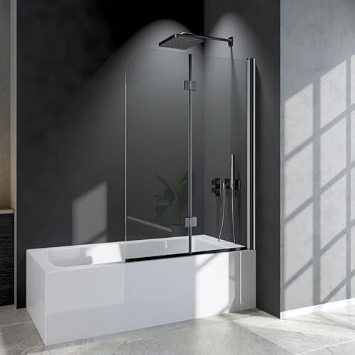 Duschabtrennung für Badewanne 2-teilig 100x140cm Glas Duschwand, Faltbar Schwarz Badewannenaufsatz Duschwand aus 6mm ESG NANO Sicherheitsglas, Badewannenfaltwand für Badewanne