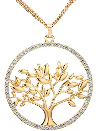 BISONBLUE Collana Donna Ciondolo Pendente Uomo Necklace Collana con Ciondolo Albero della Vita in Cristallo Grande Collana con Catene Lunghe Multistrato Ciondolo Albero Cerchio Rotondo Regalo Do