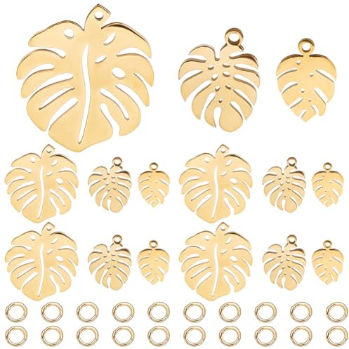 CREATCABIN 12 pieza de 3 estilos de Colgantes de Hojas de Monstera,Colgantes de Hojas de Plantas Tropicales,Oro Hueco de Acero Inoxidable con Anillos de Salto para Hacer Joyas,Suministros Manualidades