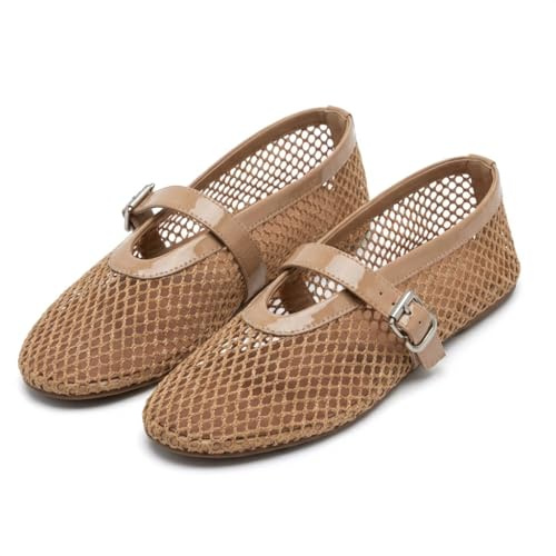 Women's Mesh Ballet Flats Buckle Strap Comfortable Ballerina Shoes Ladies Clear Fishnet Wide Width Flats for Women Slip-on Casual Dress Mary Jane Flats Fall 2025