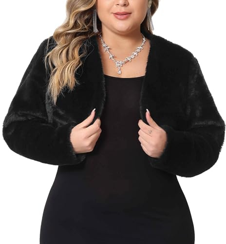 Agnes Orinda Plus Size Women's Cropped Jacket Faux Fur Coats Open Front Long Sleeves Jackets 1X Black