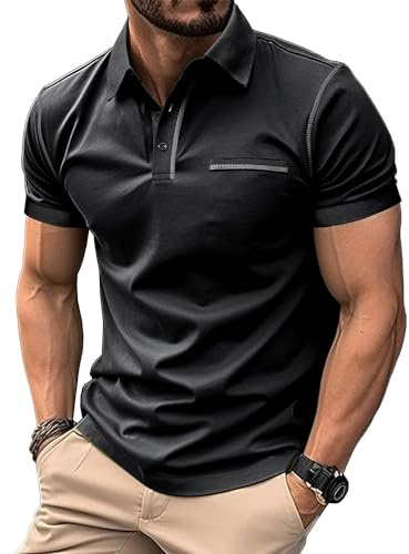 MakingDa Herr Slim Fit Kortärmad pikétröja stretch lätt enkel krage skjortor atletisk absorberande andningsbar arbete golf promenad klassisk mjuk sommar t-shirt topp, Svart, L
