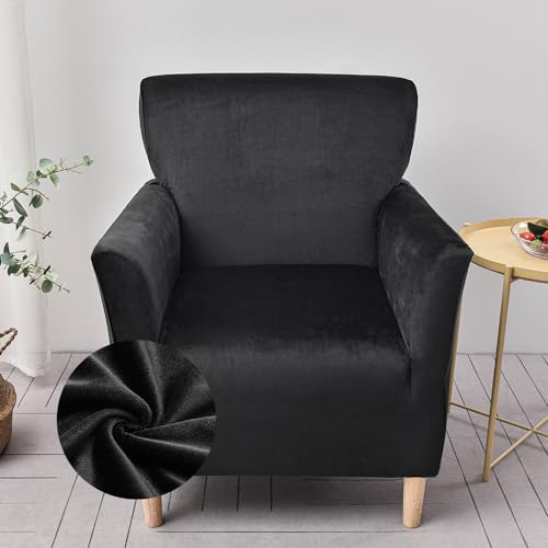 Highdi Sesselbezug aus Samt Weich Stretch Sofabezug mit Armlehnen rutschfest Sofa Überzug 1 Sitzer, Sesselschoner Sesselhusse für Relax-Sessel Cocktailsessel Clubsessel (Schwarz)