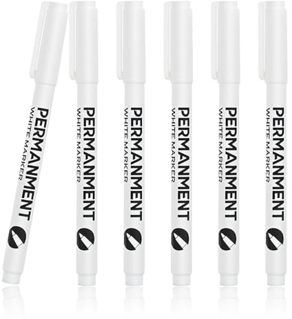 NVTEGR 6 Pcs White Marker Pens, 1mm Permanent White Fabric Pens, Quick Dry, Waterproof Laundry Markers for Paper, Rock, Wood, Fabric, Glass, Ceramic, Plastic