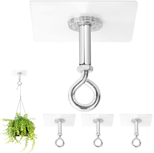 Selbstklebende Deckenhaken, 4 Stück, hält 11,3 kg, strapazierfähig zum Aufhängen von Pflanzen | Selbstklebende Deckenaufhänger für den Außenbereich, kein Bohren und keine Schrauben, aus Edelstahl mit klebenden Ösen