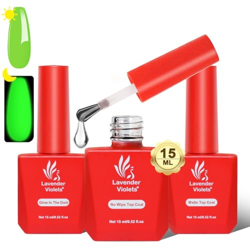 Lavender Violets 3-Pack Gel Top Coat Set -15ml No Wipe Long Lasting UV Gel Polish - Gloss, Matte & Glow in the Dark Top Coats for Shiny Manicure Ultra Bright Night Fairy Halloween Party Starter A023