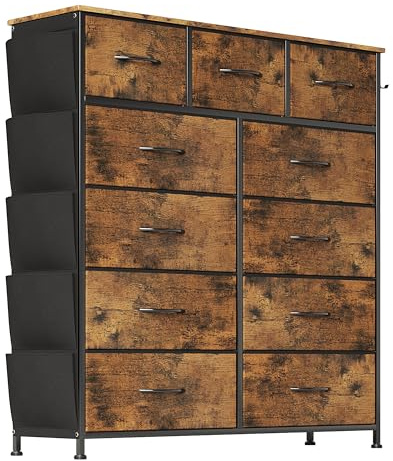 Flrrtenv Chest of Drawers with Pockets, Bedroom Cabinet for Small Space, Storage Organiser Unit, 11 Fabric Drawers Dresser with Easy Pull Handle, Wooden Top for Bedroom Living Room, Hallway, Brown
