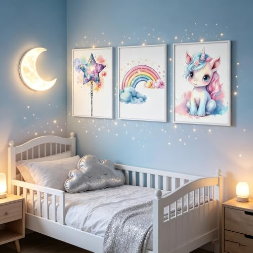 BeiYiHo 3 Bilder Kinderzimmer Mädchen Einhorn Regenbogen Aquarell Poster Kinderzimmer Bunt Kunstdruck auf Leinwand Bild Kinder Wandbilder Babyzimmer Mädchen Baby Geschenk ohne Rahmen (BYPT18-40x50)