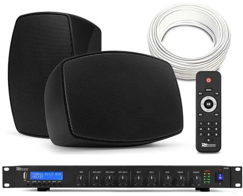 Power Dynamics PD BHW40BK Wall Mounted Speaker System with PDC90 Media Amplifier, Weatherproof Outdoor Speaker for Small Office, Cafe & Commercial Music Installation