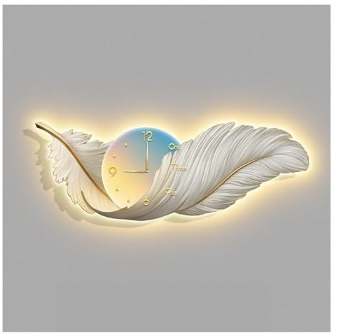 MIDUOLAI GroßEs Feder-Wanddeko, Boho-Feder-Wanddeko, Mit Led-Licht Und Uhr, Schicke Feder-Wandskulpturen Als Raumdeko, FüR Schlafzimmer, Wohnzimmer, Wohnung