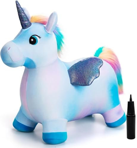 U&C Planet Hüpftier, Blauer Einhorn Hüpfpferd Animal Hopper mit Plüschdecke,100kg Tragfähigkeit, Springpferd für Kinder 1-6 Jahre, Geschenk für Geburtstag & Weihnachten, Indoor & Outdoor