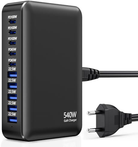 USB C Charger 540W, Station de Charge USB, 10 Ports Chargeur, Charge Rapide USB C GaN PD100W PPS pour Ordinateur Portable/MacBook/iPhone/Samsung S25 Ultra/Pixel