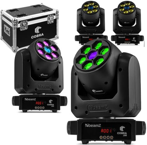 beamz 4x Cobra 160 100W Moving Head Spot Lights with 6x 10W B-Eye, Heavy-Duty Flight Case, DJ Lighting System Kit, Professional Band Stage Setup, Complete DJ Light Package Set