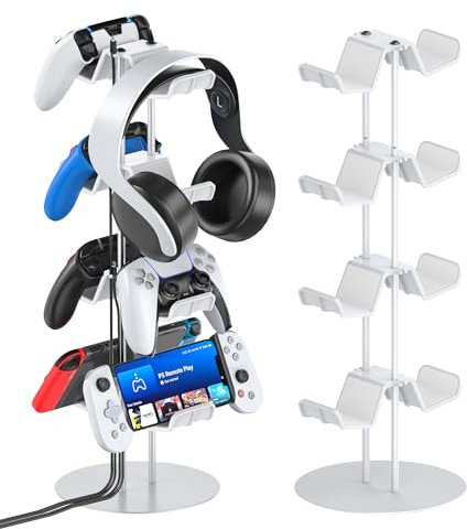 Kytok Support de Casque, Support Casque et Manette 4 Niveaux avec Organisateur Câble, Support Casque Manette pour Bureau, Rangement Accessoires de Jeu et Casque (Blanc)