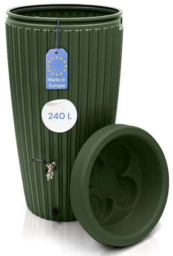 YourCasa Regentonne 240 Liter [RainCatcher] Messing Wasserhahn & Deckel - Regenfass Frostsicher aus Kunststoff - Regenwassertonne - Regenwassertank Garten Wassertank Regensammler Wasserfass (Forest)