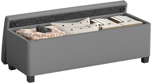 HOMCOM Ottomane Sitzbank mit Stauraum, Cord-Fußhocker mit abnehmbarem Deckel und Beinen, 112 cm, Aufbewahrungskiste für Wohnzimmer, Schlafzimmer, Flur, Grau