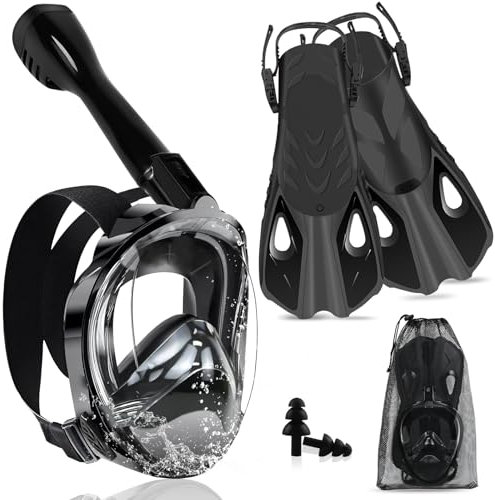 Joellfuner Set da Snorkeling per Adulti, Maschera Subacquea Integrale, 180° Visuale Panoramica, Anti-Appannamento e Anti-perdite, Pinne Regolabili, Adatto alle Immersioni e al Nuoto (Nero, S/M)