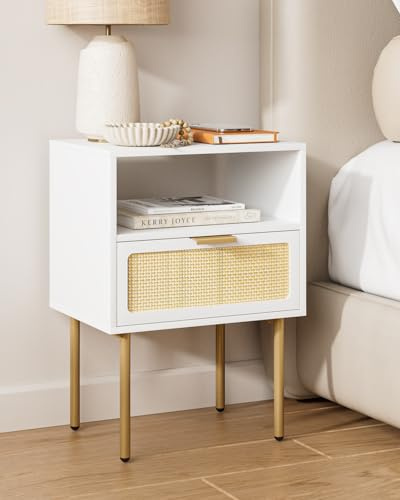 HEYZOEY Nachttisch, Kleiner Rattan Beistelltisch Mit Schublade und Eichenregal für Schlafzimmer, Wohnzimmer, Büro，Weiß
