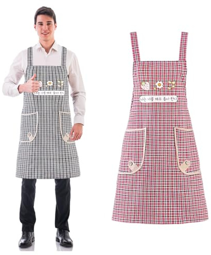 Delantales de Cocina de 2 Piezas, Delantales de Cocina para Mujeres y Hombres, Delantal de Cocina de Algodón con Bolsillos, Delantal Chefs Cocina para Hornear, Cocinar, Jardinería, Uso Doméstico