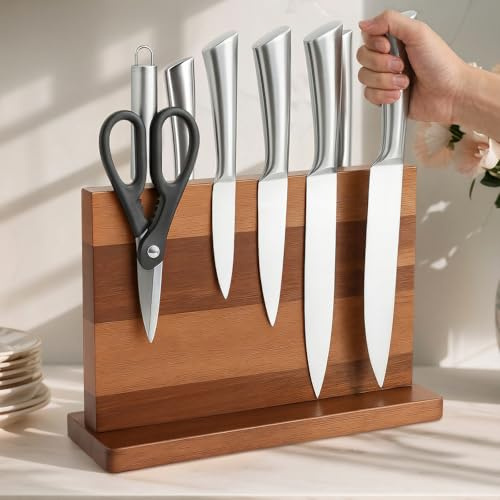 Qoosea Magnetic Knife Block without Knife: Knife Holder with Double-Sided Strong Magnetic, Acacia Wood Material, Universal Holder for Kitchen Cooking Outdoor Picnic Cutlery Storage 12 x 8.5 Inches