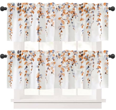 Ausing Küchenvorhänge 2er-Set Café-Bistro-Paneelvorhänge mit Blumenmuster, | 2PCs lichtdurchlässige Vorhänge für das Badezimmer im Café-Stil, Orange