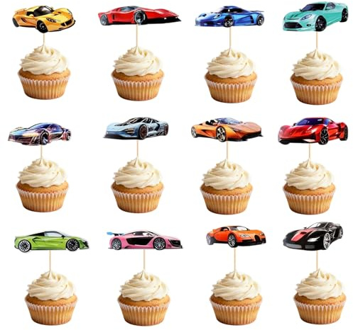 Gkhlg 12 Stück Rennwagen Thema Cupcake Toppers Cake Topper Geburtstag Buntfarbige Rennwagen Modelle Cars Tortendeko für Jungen Geburtstagsfeiern Babypartys Sportthema Feiern