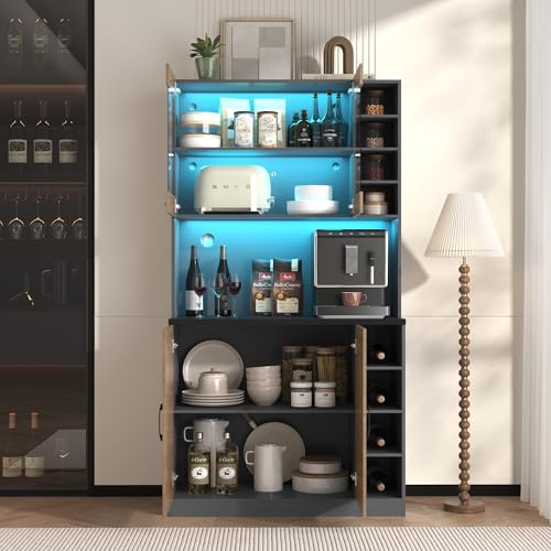 Aunvla 100 x 47 x 187 cm, armario de cocina, buffet con iluminación LED ambiental y agujeros para cables, tablero de cocina de madera, gran espacio para microondas, independiente, estantes laterales