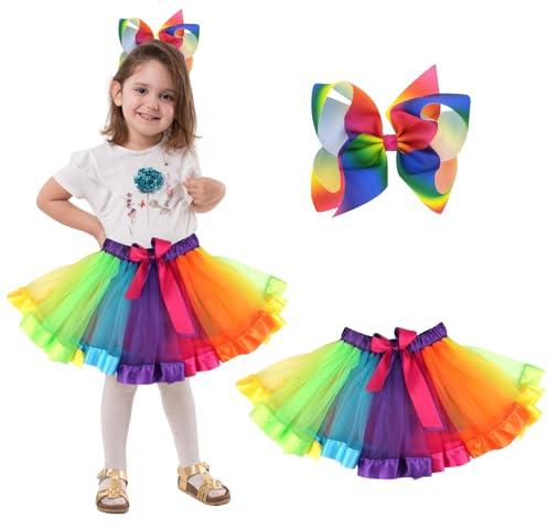 GWAWG Girls Neon Tutu Skirt Set with Matching Hair Bow，PU Leather Waistband & Glow Tulle，Stretch Waist 20-49cm,Ages 4-8，Dance, Party, Carnival Outfit