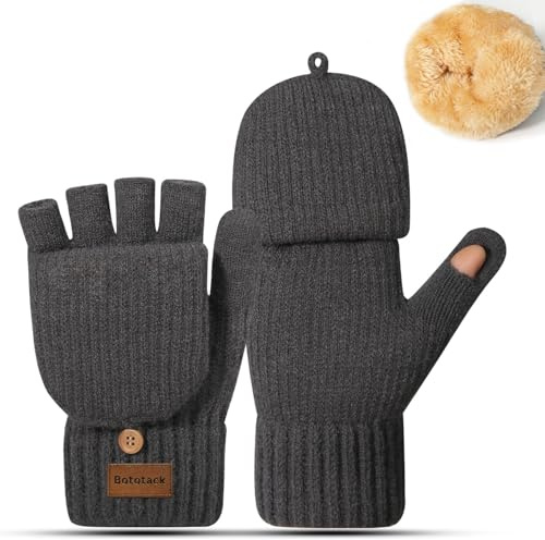 Bototack Winter Fingerless Gloves Warm Thermal Knitted Convertible Mittens Flap Cover for Women Men Cycling Driving Running (Dark Grey)