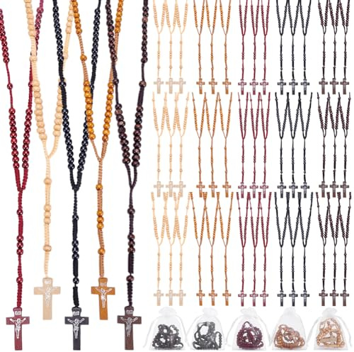 INTERWARM 50 x Halskette Mit Rosenkranzperlen Aus Holz. Rosenkranz Halskette Mit Kreuzanhänger Und Organzabeuteln 8mm Holzperlen Anhänger Taufgeschenke Für Männer Und Frauen Ostern Schmuck