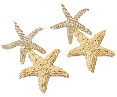 Khakifarbene Handgewebte Bast Seestern Ohrringe, Bohemian Stil, Strohblumen Statement Ohrringe, Sommer Tropenstrand Schmuck Accessoires für Frauen und Mädchen