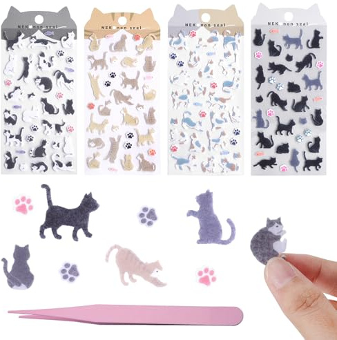 4 Hojas Pegatinas de Fieltro de Gato, Pegatinas Suaves Autoadhesivas con Huellas, Adhesivos Decorativos en Relieve para Scrapbooking, Álbum de Fotos y Tarjetas, con Pinza