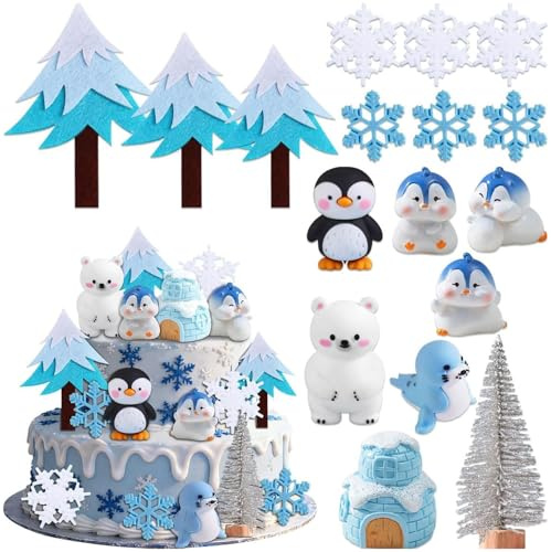 Juego de 16 tortas de cumpleaños con diseño de oso blanco, diseño de pingüino, tema de animales de invierno, decoración de animales, artículos decorativos para fiestas, decoración de tartas de bebé