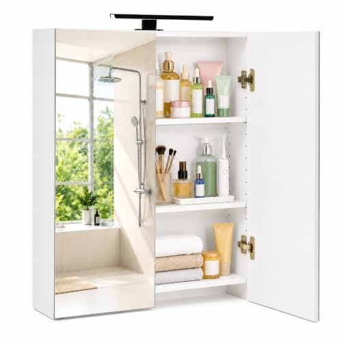 Songvas Spiegelschrank Bad, Badezimmerschrank 60 cm Breit, Wandschrank, mit Höhenverstellbaren Einlegeböden, für Badezimmer und WC, MDF, 60 x 16,5 x 70 cm, Weiß
