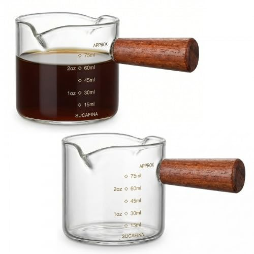2 Pack Espresso Cups with Wooden Handle, 75ml/2.5oz Glass Measuring Cup