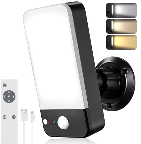 BIAOQINBO Akku Aussenlampe mit Bewegungsmelder – 100% Kabellos (12000mAh), LED Außenlampe mit Fernbedienung, Rotes Warnlicht, IP65 für Garage, Haustür & Garten (1 Stück)