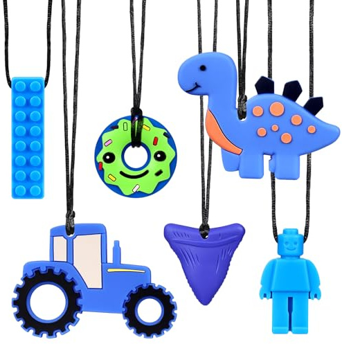 DESPOINA 6 Stück Kaukette für Kinder (6 Formen), Silikon Beißring Baby, Sensory Kauen Halskette, Autismus Spielzeug für Jungen und Mädchen mit ADHS, Zahnen, Fingernägel Kauen(Blau)