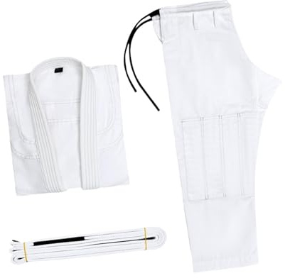 MFMEXUL Ensemble Jiu-Jitsu (pantalon, Veste et Ceinture) Polyvalent et Respirant, En Polyester et Coton Doux et Résistant, Idéal pour Les écoles D, Blanc A3