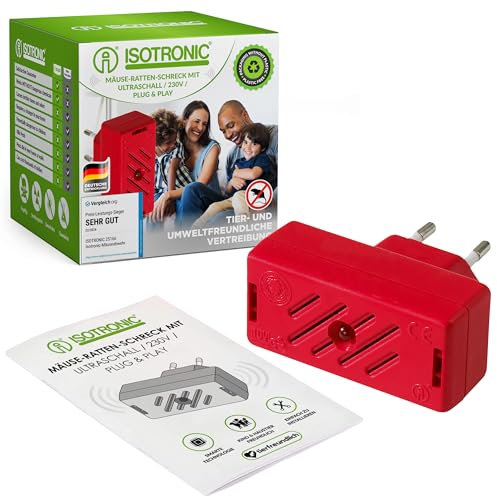 ISOTRONIC Repellente per topi | Deterrente per roditori| Spina a ultrasuoni | Alimentato a 230 V | Protezione contro topi e ratti | Senza sostanze chimiche e veleno | Per giardino, casa e cantina