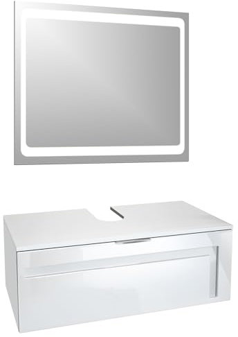 Vladon Waschtisch Waschbecken Unterschrank Aloha V2, Made in Germany, Korpus in Weiß matt/Fronten in Weiß Hochglanz mit Absetzungen in Weiß Hochglanz, mit Aufsatzwaschbecken und LED Spiegel