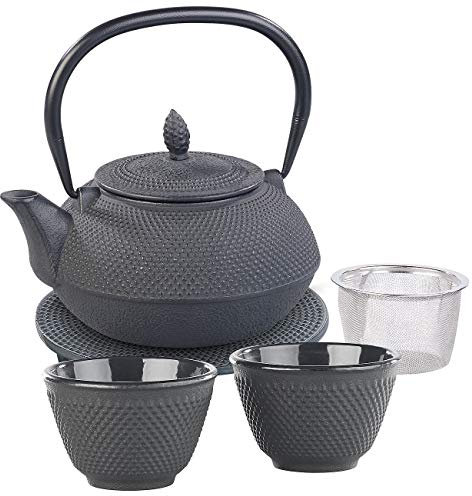 Rosenstein & Söhne Teeset: Asiatische Teekanne, Untersetzer und 2 Becher aus Gusseisen, schwarz (Asiatische Teekanne Set, Asia, Isolierbecher)