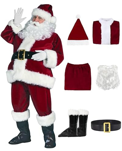 Fanme Santa Claus Costume for Men 6pcs Deluxe Velvet Santa Suit Adults Christmas Santa Outfit with Beard Belt Santa Costume (Wine red 6PCS, XL)