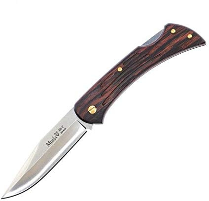 Muela Navaja con bloqueo K-9R.M con hoja de acero ACX-380 de 9 cm y empuñadura de fibra de madera coral de 10,5 cm para Caza, Pesca, Supervivencia y Bushcraft + Portabotellas de regalo