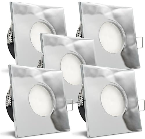 trendlights24 V2 IP65 LED Bad Einbaustrahler flach 5W dimmbar 230V 5er Set | Chrom glänzend, eckig, Einbautiefe 35 mm, Warmweiß, 3000k, 110°, Decken Einbauspots, Feuchtraum, außen, LED austauschbar