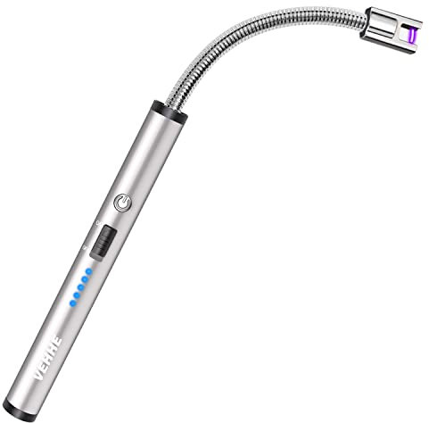 VEHHE Allume Bougie Electrique, USB Rechargeable Arc Briquet avec Affichage de Batterie LED Long Flexible 360º Coupe-Vent pour Cuisine Barbecue Bougie Gazinière Camping, Argent