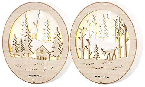 Lunartec Holzbild: 2er-Set leuchtende Echtholzbilder mit warmweißen LEDs, Batteriebetrieb (Weihnachtsbeleuchtung Fenster, 3D-Wandbild Holz, Bild)