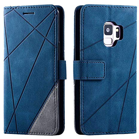 SONWO Hülle für Samsung Galaxy S9, Premium Leder PU Handyhülle Flip Case Wallet Silikon Bumper Schutzhülle Klapphülle für Galaxy S9, Blau