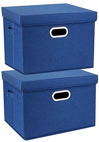 TYEERS Large Storage Box with Lid, Collapsible, Washable, Fabric Storage Box for Clothes, Wardrobe Storage, 44x30x29 cm, Set of 2, Classic Blue