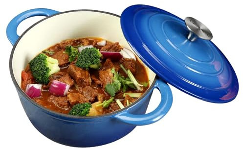 Forno olandese in ghisa smaltata con coperchio, pentola resistente da 3 litri con doppi manici per cuocere il pane, brasare, stufati, arrostire e forno sicuro, blu